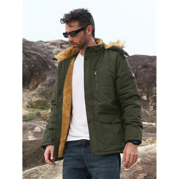 NEW Olive Green Fleece Lined Parka Jacket Faux Fur Hood Winter Coat - Picture 3 of 8